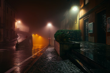 Illuminated Street of tizzano val parma after rain at Night, Italy