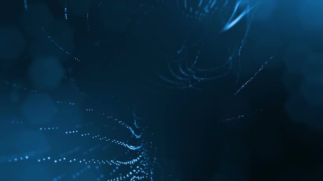 Composition with oscillating luminous particles that form surface. Abstract background of glowing particles with shining bokeh sparkles. Smooth animation looped. Blue 19