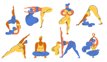 Flat vector collection of yoga asanas. Men and women engage in yoga. 