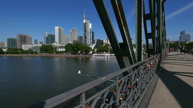 Eiserner Steg Bridge, Main River and Financial District, Frankfurt am Main, Hesse, Germany