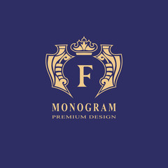 Monogram design elements, graceful template. Calligraphic elegant line art logo design. Capital Letter emblem sign F for Royalty, business card, Boutique, Hotel, Heraldic, Jewelry. Vector illustration