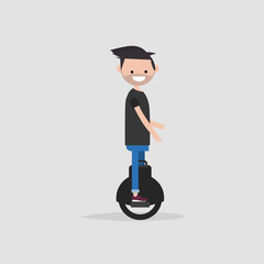 Happy smiling character riding monowheel. Modern technology vector cartoon illustration © Vlad
