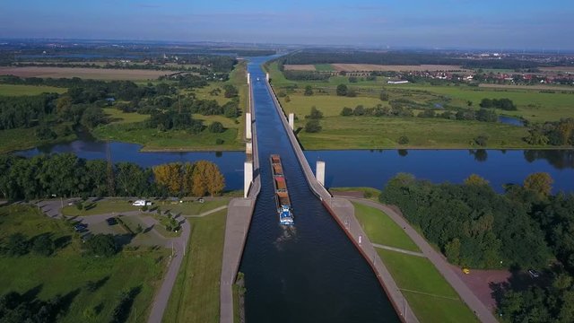 Aerial view of the crossing of Mittelland Channel and Elbe River near Magdeburg, Saxony-Anhalt, Germany