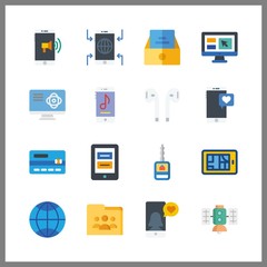 16 wireless icon. Vector illustration wireless set. computer and shared folder icons for wireless works