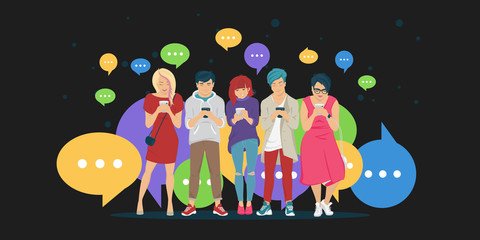 Chat speech bubbles for texting, leaving comment and memes concept flat vector illustration of young teenagers using mobile smartphone for chat texting in messenger app. People standing with bubbles - obrazy, fototapety, plakaty