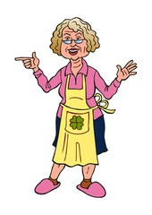 Grandma in apron with cloverleaf and with slippers, pointing his finger