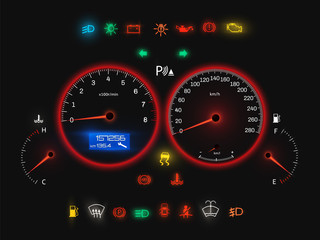 Car speedometer, modern auto panel realistic view