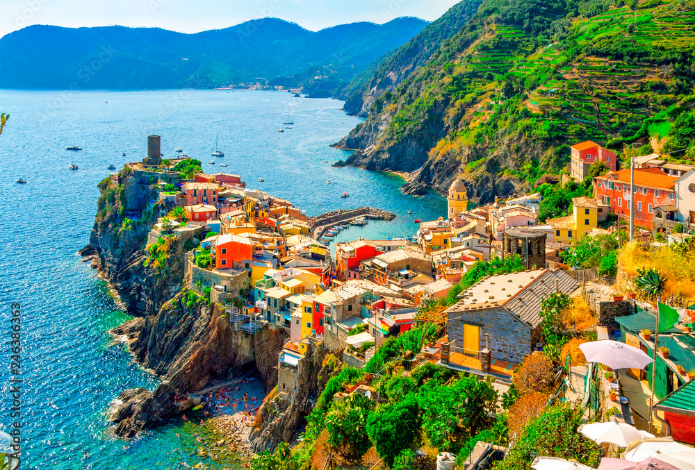 Wall mural Vernazza is a small town and comune located in the province of La Spezia, Liguria. One of the five towns that make up the Cinque Terre region. Fishing villages on the Italian Riviera.