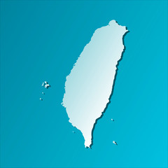 Simplified map of Taiwan. Vector isolated illustration icon with light blue silhouette. Bright blue background with shadow