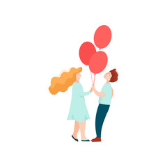 Romantic Couple Looking at Each Other and Holding Bunch of Balloons, Happy Lovers on Date Vector Illustration