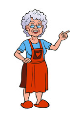grandmother with curly hair in apron with heart and slippers, color clipart