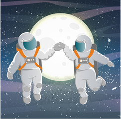 Two lovers cosmonauts in white suits dancing on the background of bright glowing full moon in the night sky.. In weightlessness. Raster illustration of Valentine's and Cosmonautics Day.