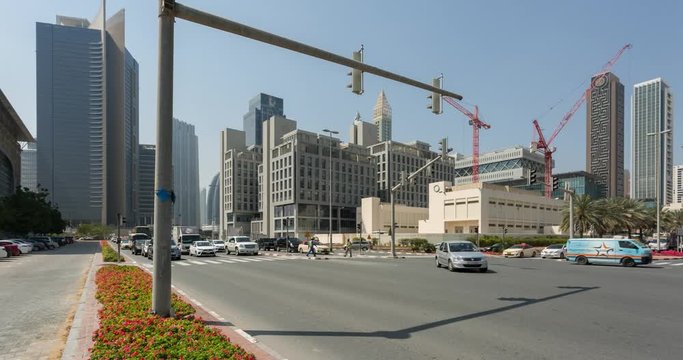 D86 Road traffic at Dubai International Financial Centre Downtown, Dubai, United Arab Emirates, Middle East, Asia