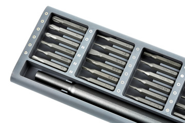 Set of bits for screwdriver. Metal bits for screwdriver. Tool set for household use. Nozzles and adapters for screwdrivers. Head different size hex driver.