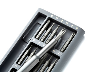 Set of bits for screwdriver. Metal bits for screwdriver. Tool set for household use. Nozzles and adapters for screwdrivers. Head different size hex driver.