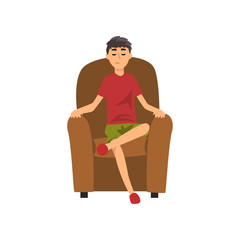 Young Man Sitting on Chair with Closed Eyes, Guy Spending Weekend at Home and Relaxing, Rest at Home Vector Illustration