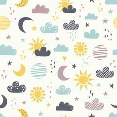 Fototapeta premium Seamless childish pattern with sun, moon, clouds and star