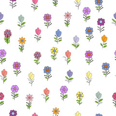 Seamless pattern with different spring flowers. Isolated elements on a white background.
