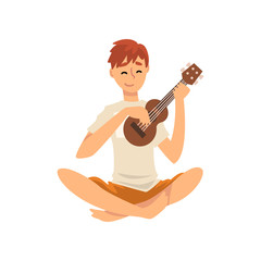 Young Man Sitting on Floor and Playing Ukulele, Guy Spending Weekend at Home and Relaxing, Rest at Home Vector Illustration