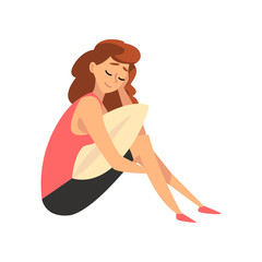 Sleepy Girl Sitting on Floor with Pillow, Young Woman Spending Weekend at Home and Relaxing, Young Woman Rest at Home Vector Illustration