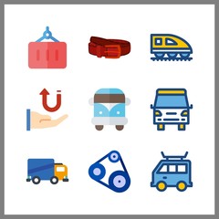 9 delivery icon. Vector illustration delivery set. delivery truck and belt icons for delivery works