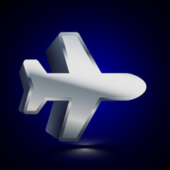 Fototapeta premium 3D stylized Plane icon. Silver vector icon. Isolated symbol illustration on dark background.