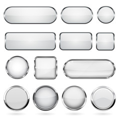 White glass buttons with metal frame. Collection of 3d icons