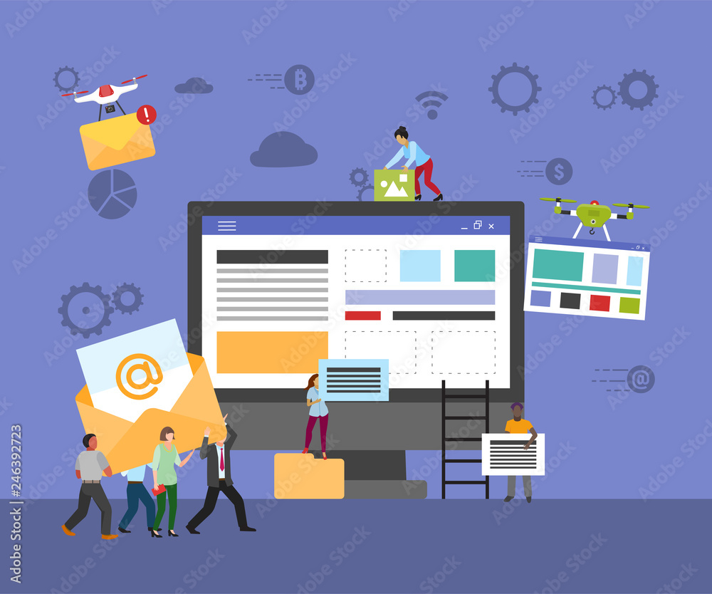 Wall mural constucting site on desktop computer vector illustration. web site constructor banner, poster. peopl