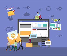 Constucting site on desktop computer vector illustration. Web site constructor banner, poster. People holding different signs designing page. Quadrocopter flying with message icon.