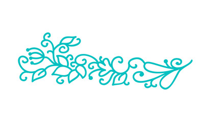 Fototapeta premium Turquoise monoline scandinavian folk flourish vector with leaves and flowers. Corners and dividers for Valentines Day, wedding, birthday greeting card