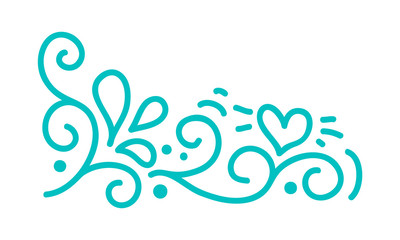 Turquoise monoline scandinavian folk flourish vector with leaves and flowers. Corners and dividers for Valentines Day, wedding, birthday greeting card