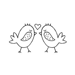 Cute cartoon hand drawn birds kissing illustration. Sweet vector black and white birds kissing illustration. Isolated monochrome doodle birds kissing illustration on white background.