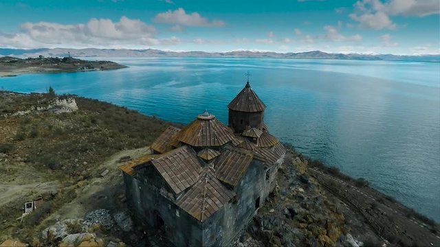 Aerial shot of church on sevan lake