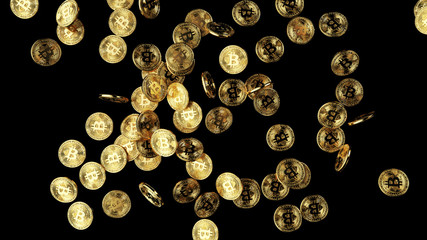 Lots of golden bitcoins on the black background top view 3d illustration
