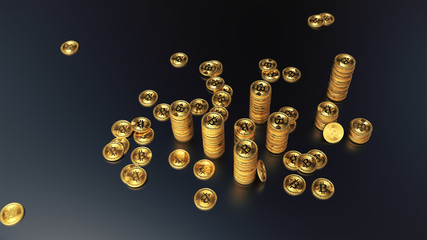 Columns of golden bitcoins on the blue background 3d illustration