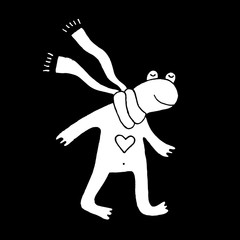 Cute cartoon hand drawn frog in love symbol. Sweet vector black and white frog in love symbol. Isolated monochrome doodle frog in love symbol on black background.