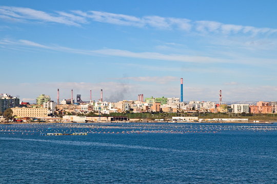 Panoramic view of the Taranto industrial area which includes a petroleum product refinery and a steel industry. Puglia, Italy