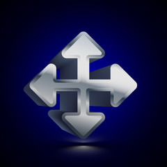 3D stylized Move Tool icon. Silver vector icon. Isolated symbol illustration on dark background.