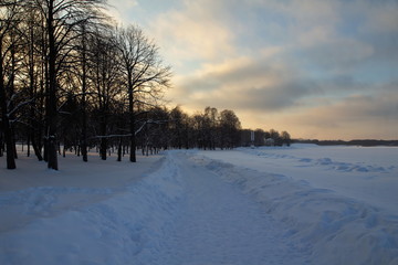 Peterhof, fountains and park in winter