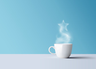 white coffee mug with aroma smoke and star
