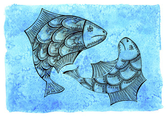 Two inkpen hand drawn large fish on abstract watercolor blue background