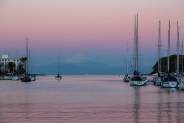 三浦市諸磯湾から夜明けの紅富士