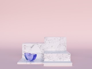 Podium minimal scene 3d with geometrical forms. Marble podium. Abstract pink background. Pastel colors. Blue decoration. Group of set.