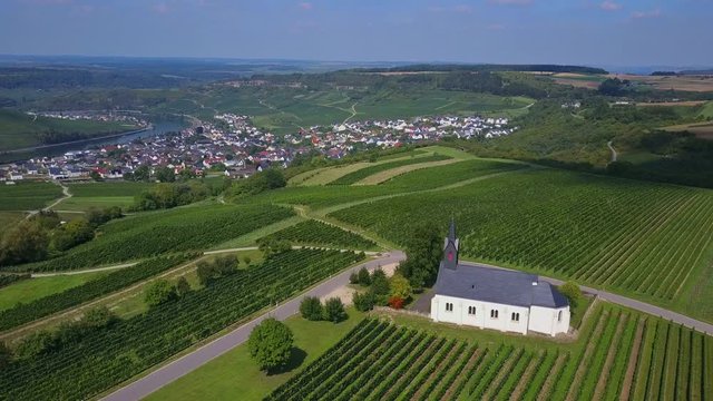 Aerial view of St. Rochus Chapel in the vineyards near Nittel, Obermosel, Moselle Valley, Rhineland-Palatinate, Germany