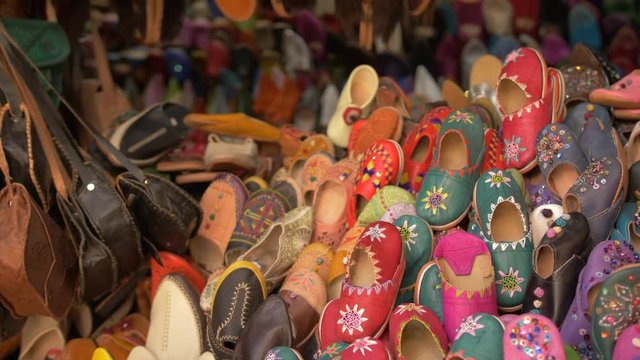 Close shot of children shoes in market, Djemaa el Fna, Marrakech, Morocco, North Africa, Africa