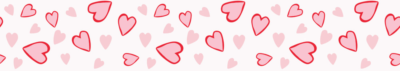Cute and romantic tossed pattern design of cartoon hearts. Seamless repeat border. Pink, red and white, perfect for Valentines Day, weddings, engagements, ribbon designs, tape and scrapbooking.