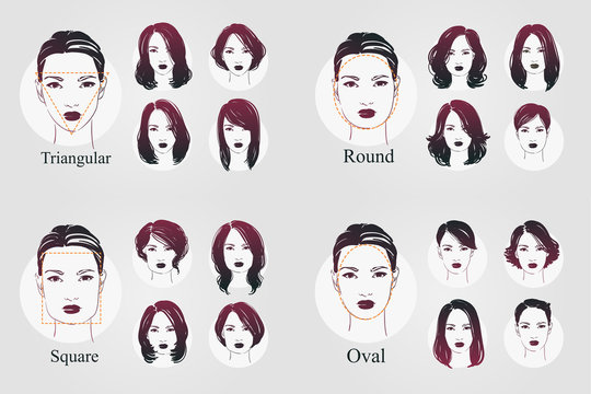 Vector set beautiful women icon portraits with differnt haircut and oval, round, triangular, square type faces. Hand drawn illustration.