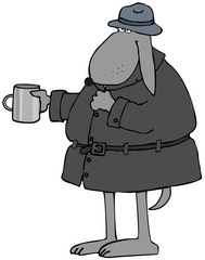 Homeless gray dog in a trench coat 