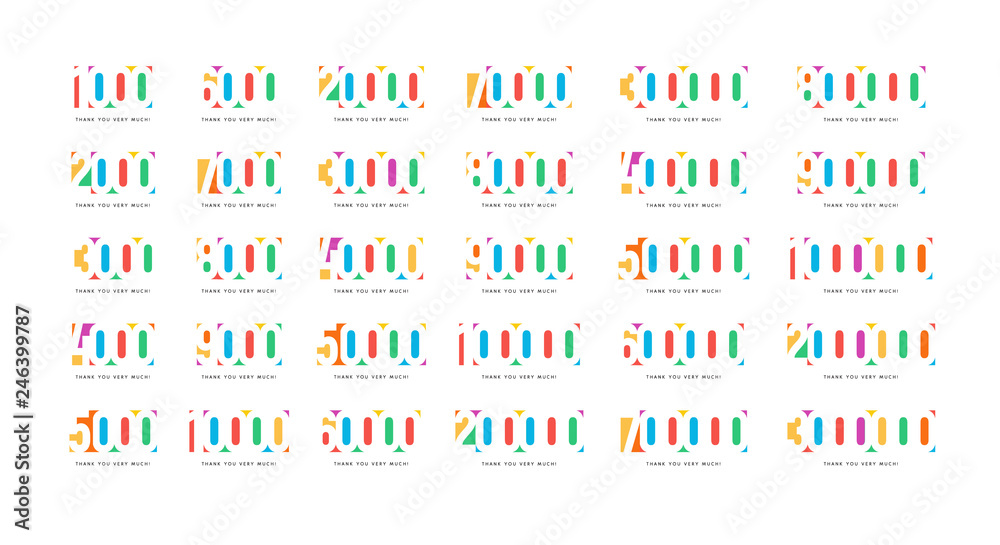 Poster followers number, vector emblem set. number of subscribers. thanks to subscribers. social network de