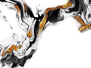 Kreativer abstrakter handgemalter Hintergrund, Tapete, Textur, Nahaufnahmefragment der Acrylmalerei auf Leinwand mit Pinselstrichen. Moderne Kunst. Schwarz und weiß mit goldenem Hintergrund. Zeitgenössische Kunst. © ogologo